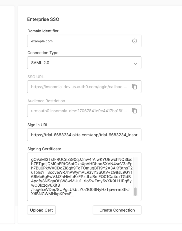 insomnia enterprise sso copy sign on url and cert